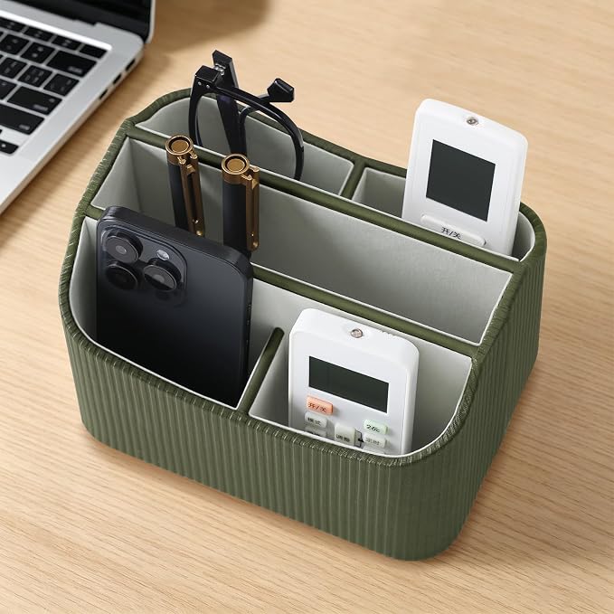 360° Rotating Remote Control Holder, Desk Organizer for Nightstand | PU Leather 5 Compartments Remote Caddy, Spinnig Remote Organizer for Office Bedside Table Coffee Table, Swivel Remote Holder