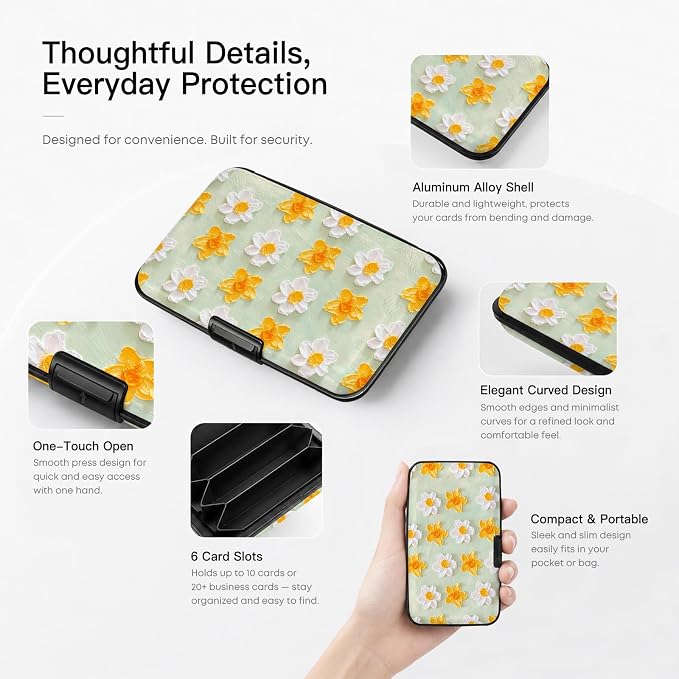 Credit Card Holder RFID Aluminum card case Flowers 3 mini Wallet Women Men | ABS Business ID Case,Hard Case Large Capacity 6 Slots, Waterproof Durable ，Secure Closure Slim Small Credit Card Protector