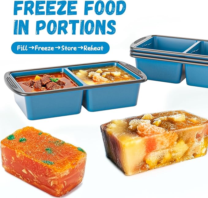 GORCI Silicone Freezer Tray With Lid, 4 Large 2 Cup Soup Freezer Molds, Soup Freezer Container for Meal Prepping, Large Ice Cube Tray， Perfect for Storing Leftovers, Sauces, Lasagna, 2-Pack