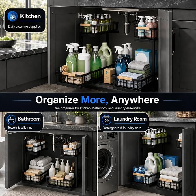Under Sink Organizer, Pull Out Kitchen Storage Cabinet Organizer, 2-Tier Metal Slide Out Shelf for Bathroom Laundry Kitchen Storage with Drawers, 11.8"W x 15.9"D x 13.8-16.9"H, Black, 2 Pack