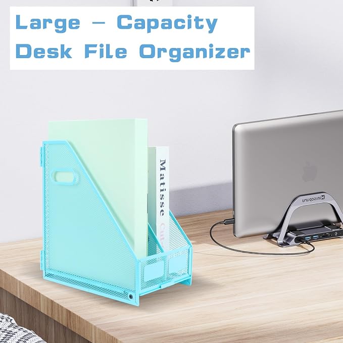Desk Organizers Metal Magazine File Holder Racks Desktop Folder Storage Binder Organiser Document Organization for Home Office & Classroom,2 Vertical Compartments-Blue