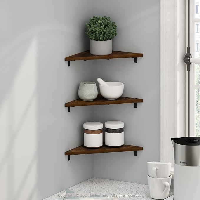 Furinno Rossi Triangle Floating Shelves for Wall, Set of 3 Geometric Corner Shelf, Wall Mounted Shelves for Bathroom, Home Office, Living Room, Amber Pine