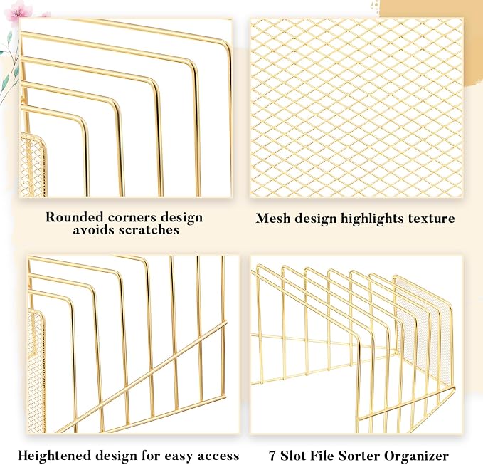 2 Pcs 7 Section Wire File Organizer for Desk, Metal Mesh Incline File Holder, Letter & Magazine Folder Rack, Desktop Paper Sorter for Home Office Back to School (Golden)