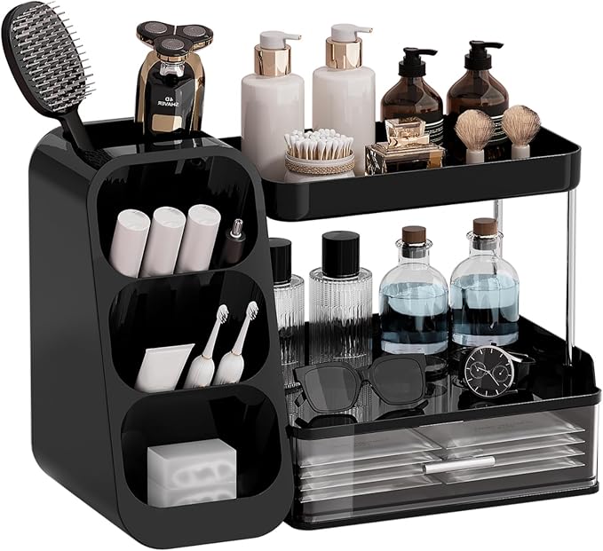 UFORU Makeup Organizer for Vanity with Brush Holder, 2 Tiers Countertop Skincare, Cologne Organizer and Perfume Stand for Men Bathroom Vanity, Large Capacity Makeup Storage, Black