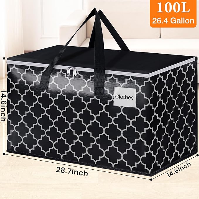 HomeHacks Heavy Duty Moving Bags with Tag Pockets, Collapsible Storage Totes for Moving, Camping & Travel -Foldable Packing Boxes, Zipper Handles, Black（6 Packs, 100L）