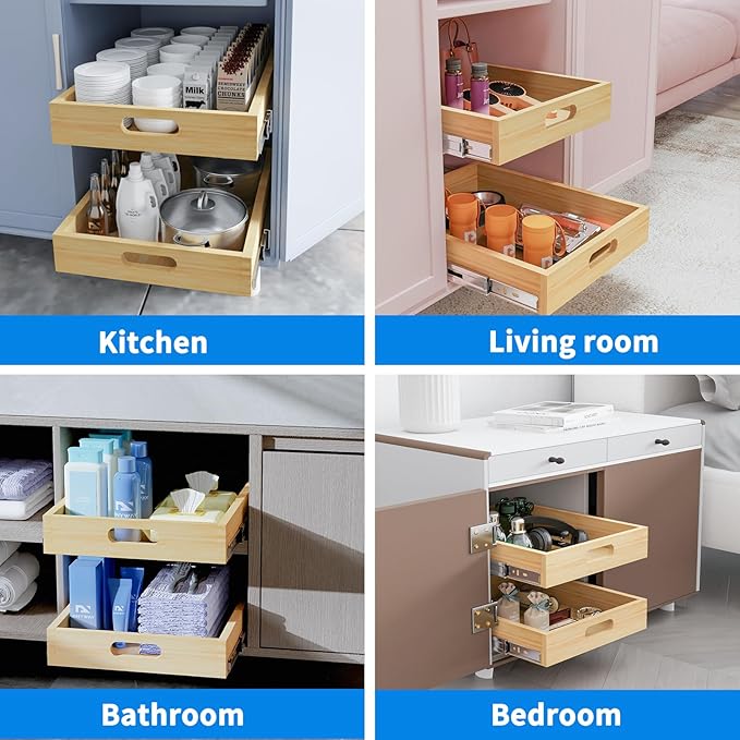 2 Set Pull Out Cabinet Organizer, Soft Close Slide Out Wood Drawer Storage Shelves for Kitchen, Base Cabinet Organization for Pantry, Finished, Heavy-Duty, Bottom Assembly (30” W x 21” D)
