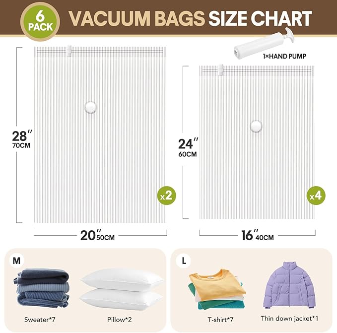 6 Pack Cloth Vacuum Storage Bags, Vacuum Seal Bags for Clothing with Hand Pump, 2 Large+4 Medium, 80% Space Saver Bags for Luggage, Comforters,Blankets, Home Travel Essentials(Stripe)