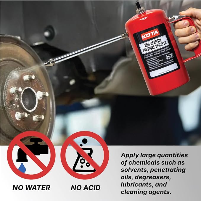 LAUCO Non Aerosol Pressure Sprayer - Refillable Pressurized Sprayer Bottle for Oil, Solvent, Degreasers, Lubricants - Rechargeable Steel Canister with Brass Nozzles, 32oz 69532