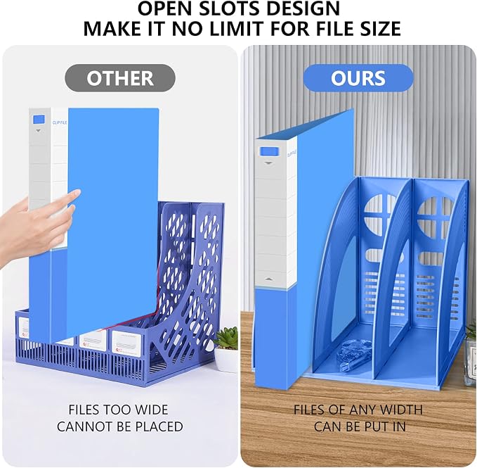 Marte Vanci Magazine File Holder Book Desktop Organizer Plastic Storage Sturdy Vertical 3 Section Folder Blue