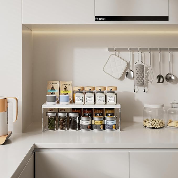 Stackable Expandable Metal Shelf Organizer - Adjustable Wire Storage Rack with Holes for Kitchen, Bathroom, Cabinet, Office - Space Saving, Durable & Sturdy Design（2PACKS/Medium/White