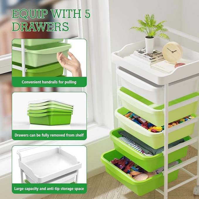 Five Drawer Rolling Cart, Craft Organizers and Storage for Home Office Classroom, Plastic Drawer Storage With Handle, Utility Cart With Removable Drawers for Tools, Toys and craft materials(Green)