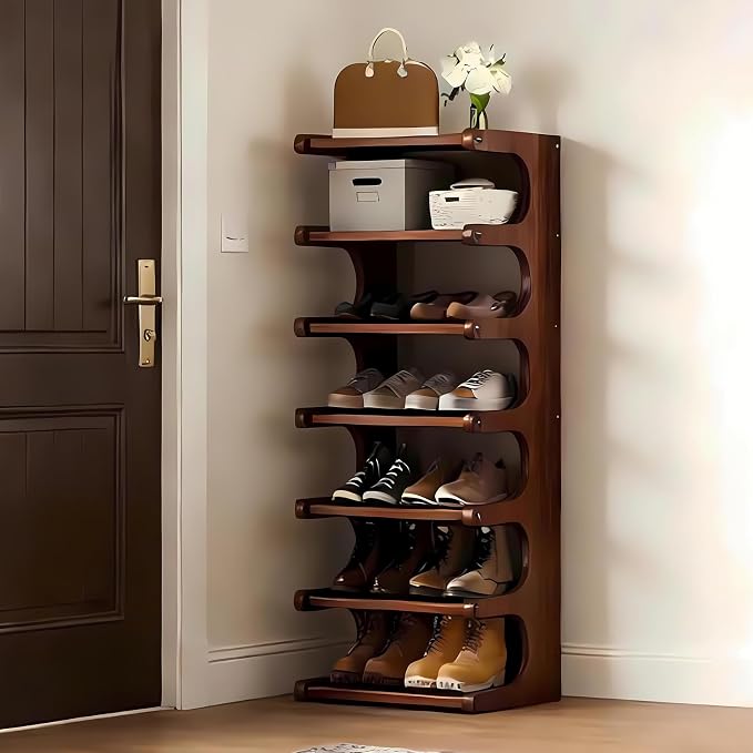 7-Tier Vertical Shoe Rack, Bamboo Free Standing Shoe Rack Shelf, Shoe Storage Stand, Entryway Shoe Tower, Vertical Shoe Organizer for Narrow Closet, Entryway, Hallway