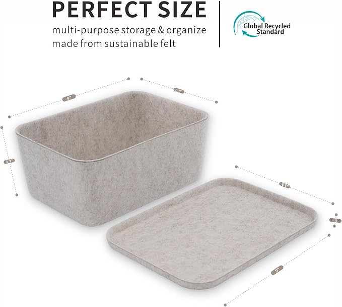 Welaxy Lidded office desk drawer organizer bins Deep draw organiser Felt storage box with lids for office supplies makeup jewelery rolled ties socks decluttering (Oatmeal)