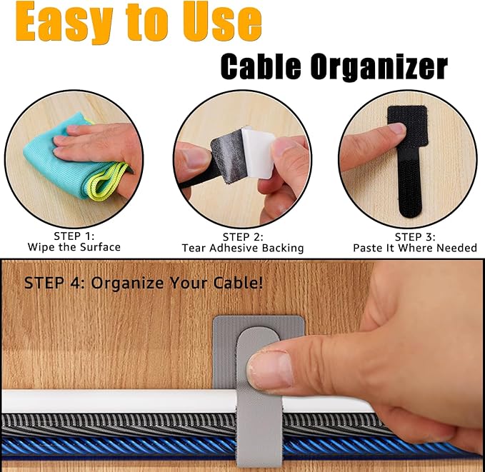 80PCS Hook and Loop Cable Straps, Cable Management Under Desk, Adhesive Cable Tie, Reusable Wire Organizer for Cords, Cord Management, Computer Accessories for Desk, Home Office Essentials, White+Gray
