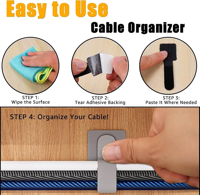 80PCS Hook and Loop Cable Straps, Cable Management Under Desk, Adhesive Cable Ties, Reusable Wire Organizers for Cords, Cords Management, Computer Accessories for Desk, Home Office Essentials, Black
