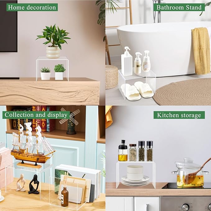 RattanView 2 Pcs 10 x 7 x 7 Inch Large Acrylic Risers Display Stands 5 mm Thick Acrylic Shelf Riser Showcase for Collectibles Jewelry Cupcakes Food Figures Perfume Cabinet (Clear)