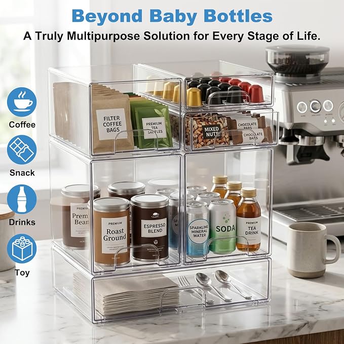 Clear Baby Bottle Organizer, 6-Piece Modular Stackable Acrylic Bins Set | BPA-Free Heavy-Duty Acrylic; Fits Breast Pump Parts, Nipples & Pacifiers; Space-Saving Nursery Cabinet & Drawer Organizer