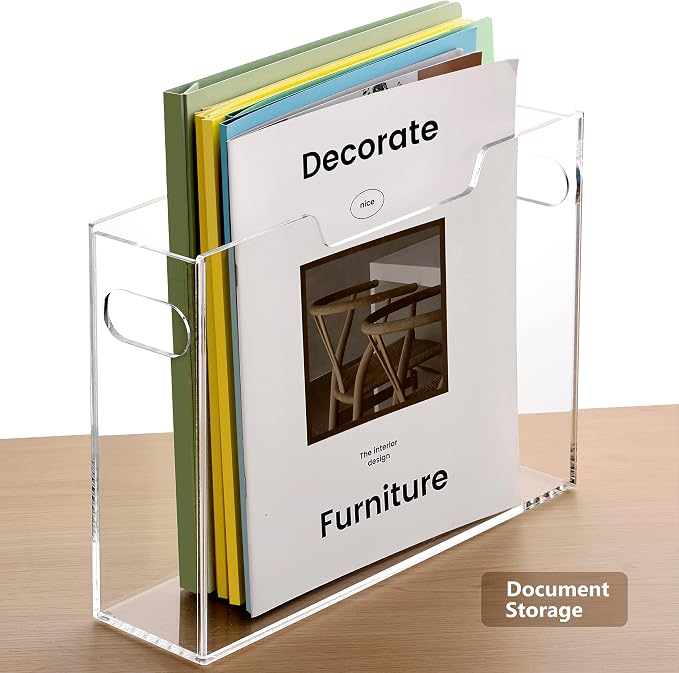 DINGHUO Acrylic File Organizer Box Letter Size Hanging File Organizer, Clear Portable File Folder Box with Handle, Filing Crate Bin Holder for Desk, Office, Home, School - 1 Pack