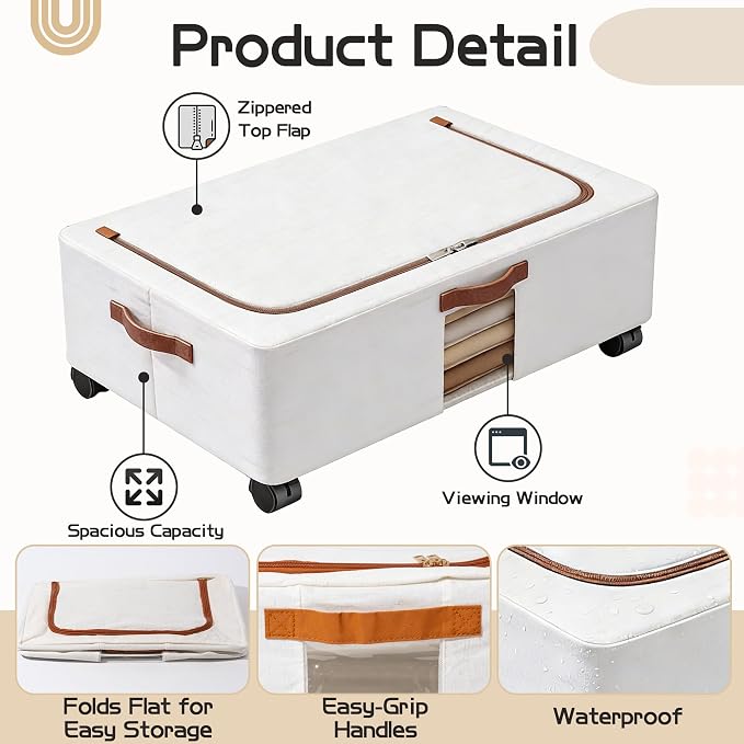 Under Bed Storage Organizer with Wheels - 2 Pack Large Foldable Underbed Drawer with Handle Side Clear Zipper Lids Waterproof Storage Bin Toy Shoe Cloth Container for Nursery Bedroom Home Dorm