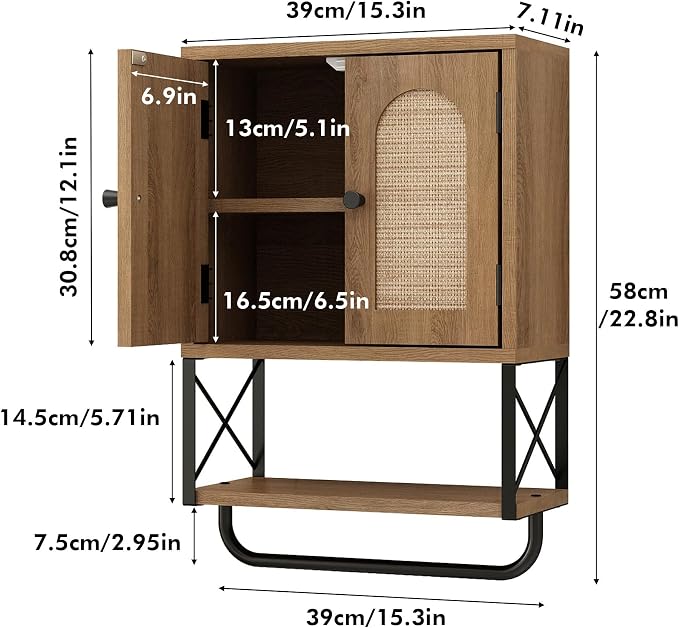 RUSTOWN Rattan Bathroom Wall Cabinet, Boho Over The Toilet Storage Cabinet | Arched Rattan Doors, Modern Medicine Cabinet, Adjustable Shelves, Towel Bar, Rustic Oak