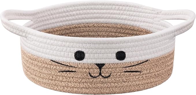 Cute Cat Toy Basket, Gift Baskets Empty for Home Decor, Soft Woven Basket for Living Room, Decorative Storage Baskets for Diaper Caddy, White & Brown, 9.8 x 4 inches