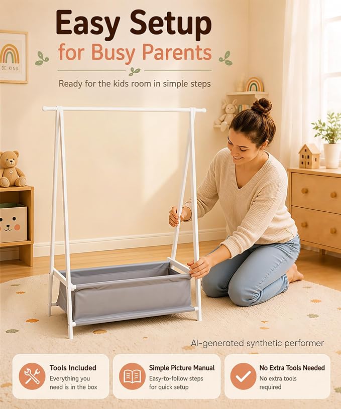 Homde Sturdy Kids Clothes Rack: 66 lb Capacity for Growing Wardrobe Needs | Hanging Rod Holds Clothes, Basket Stores Items Below - Helps Kids Build Tidy Habits - Angled Bamboo Side Frames Add Stability