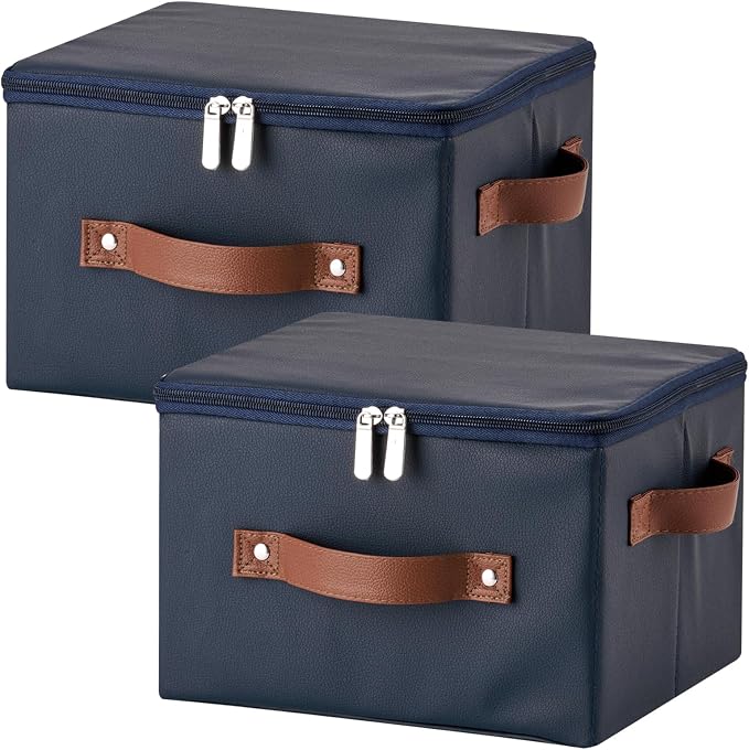 2PCS Storage Bins with Zipper Lid PU leather Storage Boxes Leather Fabric Collapsible Lidded Baskets Cube with Handle Decorative Shelves Closet Organizer Container(Dark Blue, Small Size)
