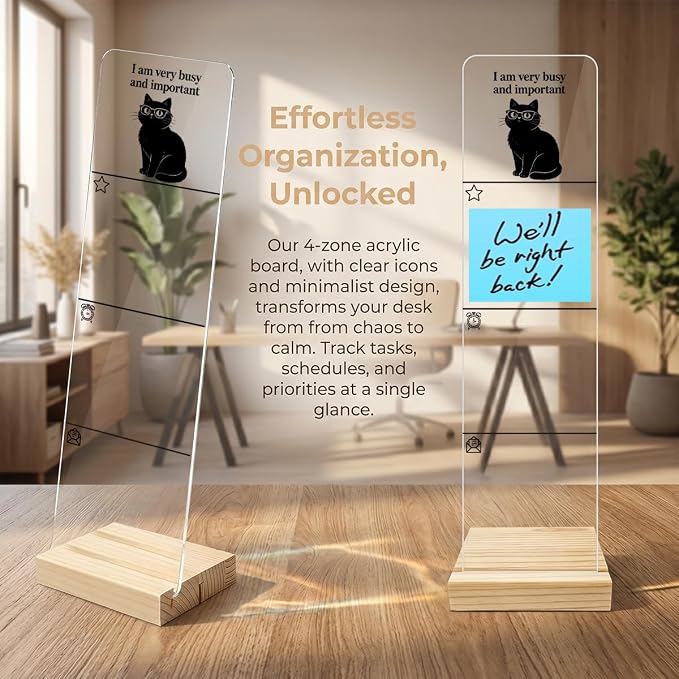 Monitor Memo Board, Sticky Note Holder, Sticky Note Board for Desk, Acrylic Desk Buddy with Wooden Base, Includes 200 Notes, Funny Cat “I Am Very Busy and Important”