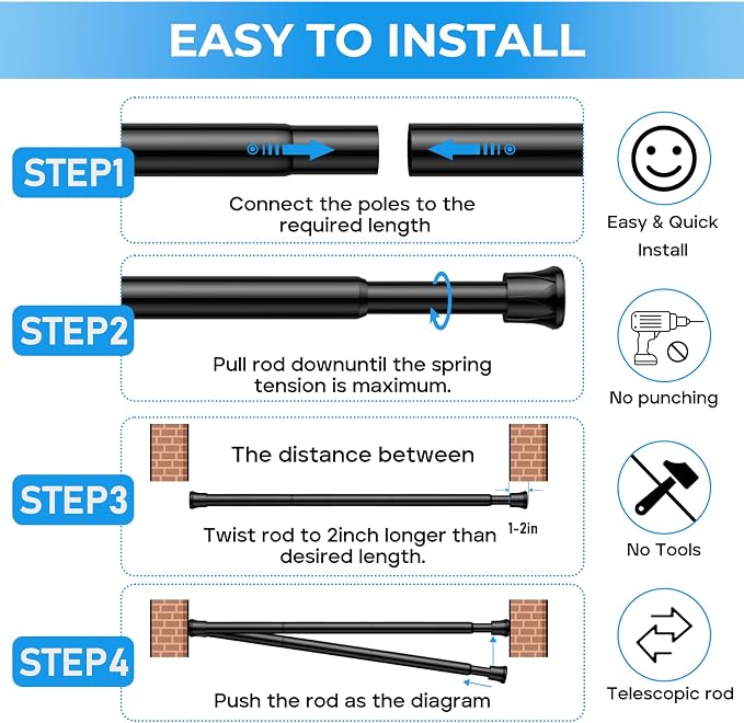 2 Pack Tension Rods for Windows 28 to 48 inch, Adjustable Curtain Rods No Drilling Spring Rods Extendable Pressure DIY Tension Rod for Window Closet Kitchen, Black