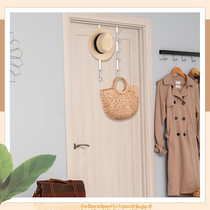 Tandefio 4 Pack 13.8" Over The Door Hook Hanger Comes with 6 Hooks from Large to Small Metal Extra Long Over The Door Hooks Hanger for Hats Rack Coat Scarf Purse Bags Scarf Keys and More (Silver)