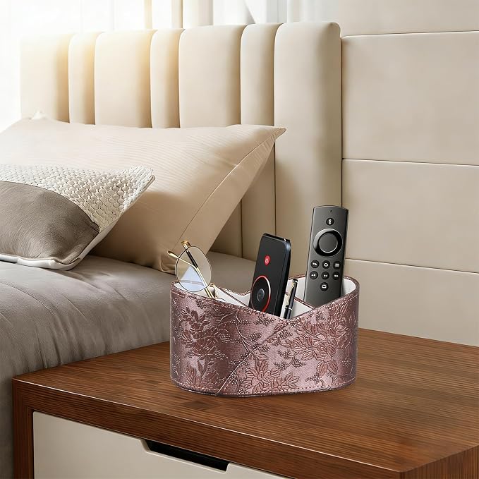 PU Leather TV Remote Control Holder, 3 Compartments Remotes Caddy for DVD, Blu-Ray, Media Player, Heater Controllers,Bedside Table Desk Organizer and Accessories Storage for Living Room Nightstand