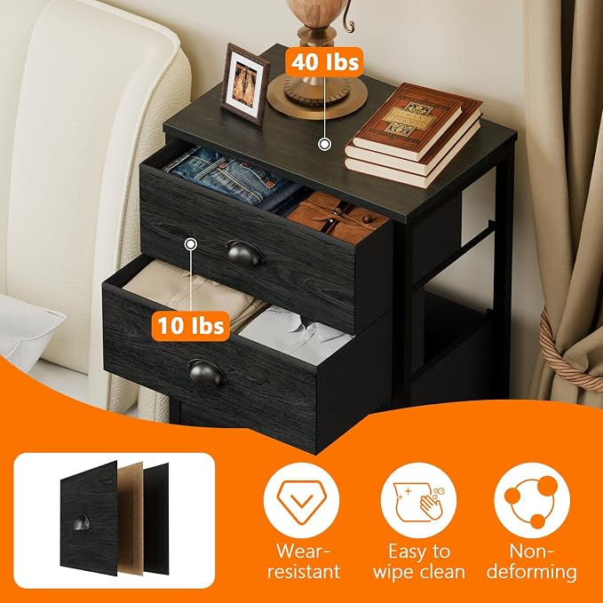 Furnulem Black Bedroom Dresser, Tall Chests of Drawers with 7 Fabric Bins | Sturdy Steel Frame, Wooden Top, Organizer in Closet, Tall Nightstand for Dorm, Living Room, Hallyway-Storage Tower Unit