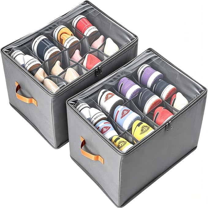 Shoe Organizer for Closet, 2 Pack Shoe Organizer with Clear Cover, Closet Shoe Storage Containers, Foldable Storage Bins for Shoes, Fits 12-24 Pairs, Grey