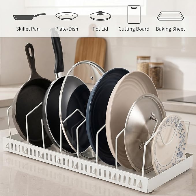 2 Pack Pull Out Pots And Pans Organizer Under Cabinet, Sliding Lid | Holder and Pan Rack, Slide Out Inside Cabinet Storage for Pot Lid Bakeware Dishes, 8 Adjustable Dividers, White