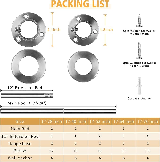 Closet Rods For Hanging Clothes, 17-64 Inch Adjustable Closet Rod, Stainless Steel Heavy Duty Closet Hanging Rod-Silver