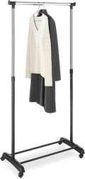 Whitmor Adjustable Garment Rack with Wheels, Rolling Clothes Rack for Hanging Clothes, Heavy Duty Single Rail Clothing Rack, Portable Hanging Rack for Bedroom, Laundry Room, Black & Silver