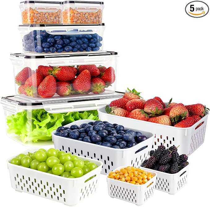 KUK 5 Pack Fruit Storage Containers for Fridge, Stackable Leakproof Food Keeper with Removable Colander, BPA-Free Produce Saver for Vegetables, Berries & Meat