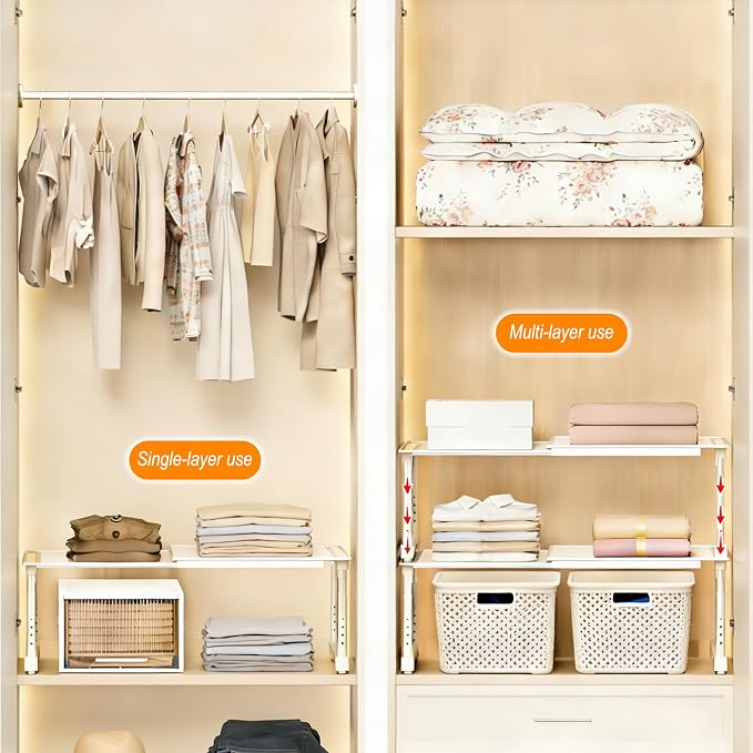 Expandable Cabinet Organizer Shelf, Adjustable Height Under Sink Storage Organizer, Shelf Riser for Kitchen, Bathroom, Wardrobe, Under Sink Counter(Beige) (2)