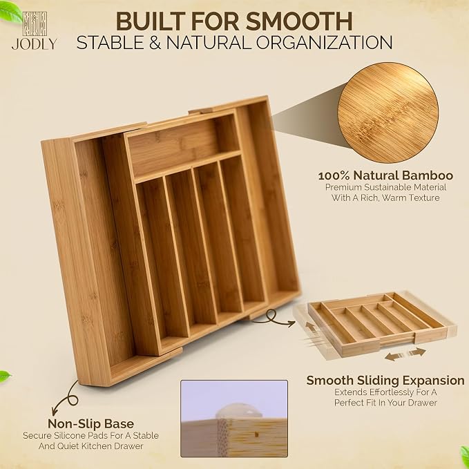 Bamboo Kitchen Utensil Drawer Organizer for Silverware | 100% Natural Expandable 14-20 Inch Kitchen Drawer Organizers for Utensils | Non-Slip Base | Screwed Joints for Long-Lasting Durability