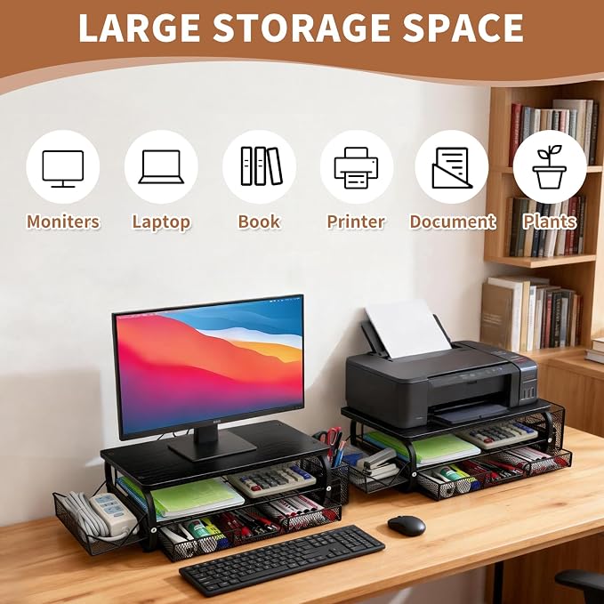 Desk Organizers and Accessories Monitor Riser, Monitor Stand with Drawer (2-Tier Drawers) with Large Side Storage Rack & Cable Management,66LBS/30KG, Office Organization, Black