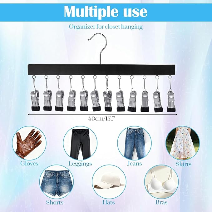 Closet Organizer with 12 Clips, Space Saving Hanging Closet Storage for Hats, Scarves, Jeans, Skirts, Socks, Pants, Multi-Purpose Clip Hanger(Wood TypeA*2)