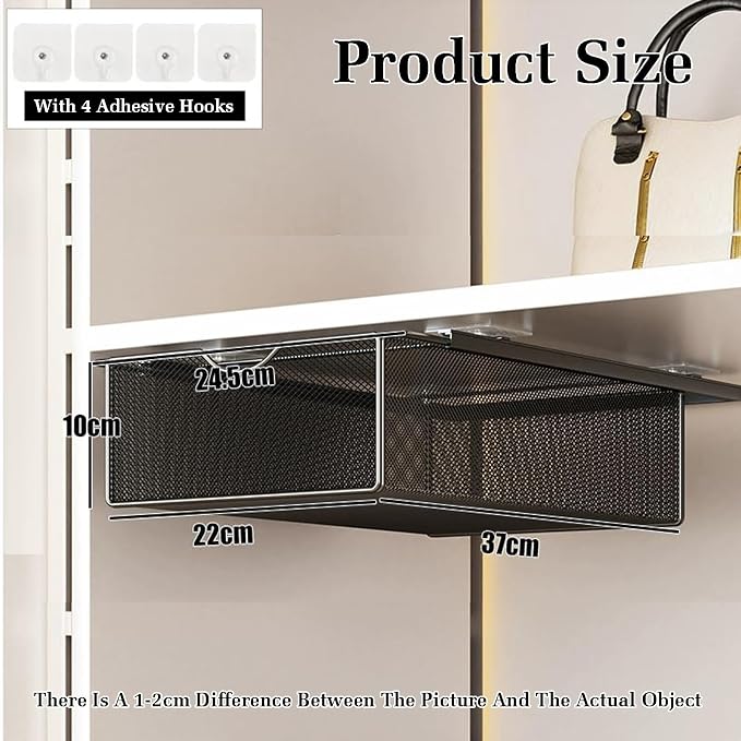 Pull Out Cabinet Storage Basket,Wardrobe Storage Organiser,Storage Under Shelf,No Punching Required,with 4 Hooks,for Kitchen Office Wardrobes Cupboard Storage(Black,37x22x10cm)