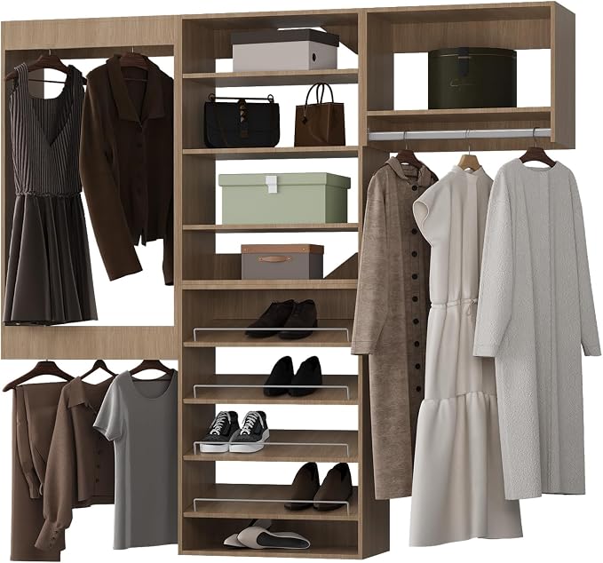 ROOMTEC Modular Closet System, 72" Wall Mounted Modern Closet Organizer with Hanging Rods and Shoe Shelf, Wooden Tower for Walk-In Closets, Wardrobe Storage Kit, Wood