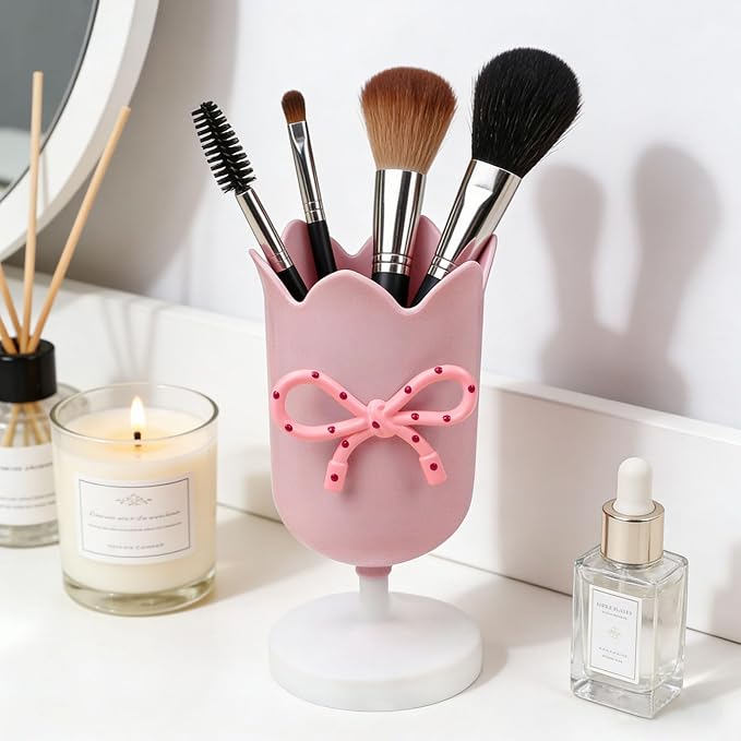Tulip Pen Holder for Desk Cute Plastic Pencil Organizer Makeup Brush Cup Holders with Adhesive Bow, Teachers Gifts Back To School Office Accessories (Pink)