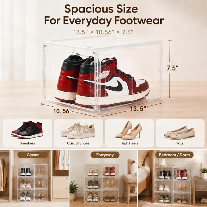 Clear Shoe Storage Box, 2026 2nd Gen Thickened Hard Plastic Stackable Organizer with Magnetic Door, Folding Shoe Rack for Closet, Large Sneaker Display Case for Sneakers and Ankle Boots,1 Pack