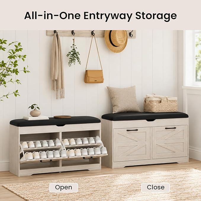 39" Shoe Storage Bench with Seat Cushion, Wood, Ash White | 8-Pair Shoe Capacity, 2 Doors, Comfortable Seating, Space-saving, Narrow Entryway Bench Ideal for Foyer, 330 lb Capacity