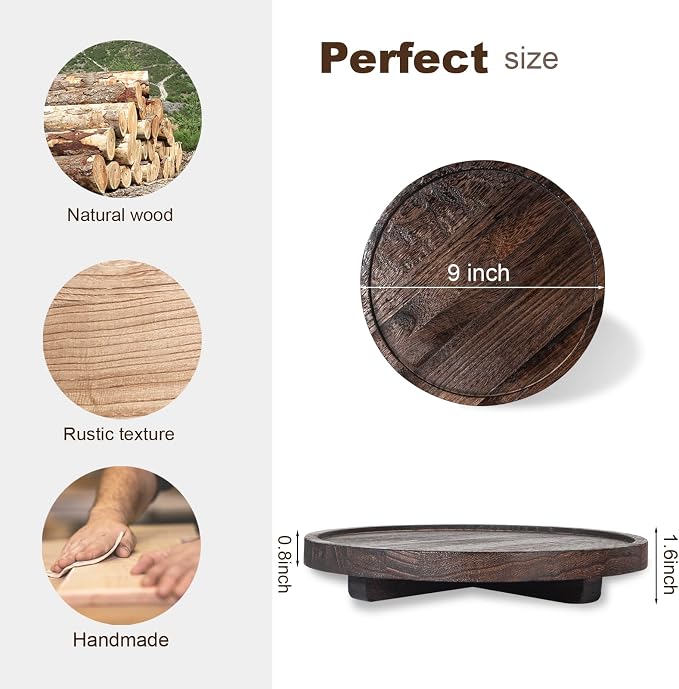 Round Decorative Tray Farmhouse Kitchen Decor Soap Dish, 9" Dark Brown | Waterproof, Lightweight, Easy Clean, Wood Riser Pedestal Stand Accessories for Office Desk, Vanity, Counter, Sink