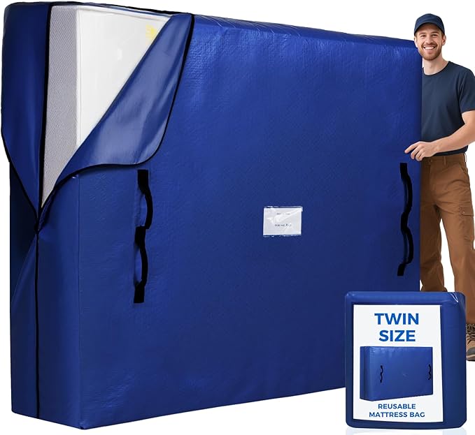 BAGAIL Mattress Bags for Moving, Mattress Covers with Heavy Duty Handles, Reusable Mattress Storage Bag for Moving Supplies(Navy, Twin)