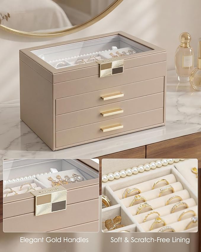 VLANDO Jewelry Box Organizer for Women, 4-Layer Jewelry Storage Case with Glass Lid, Gold Handle, 3 Drawers for Rings, Earrings, Necklaces and Bracelets - Toffee