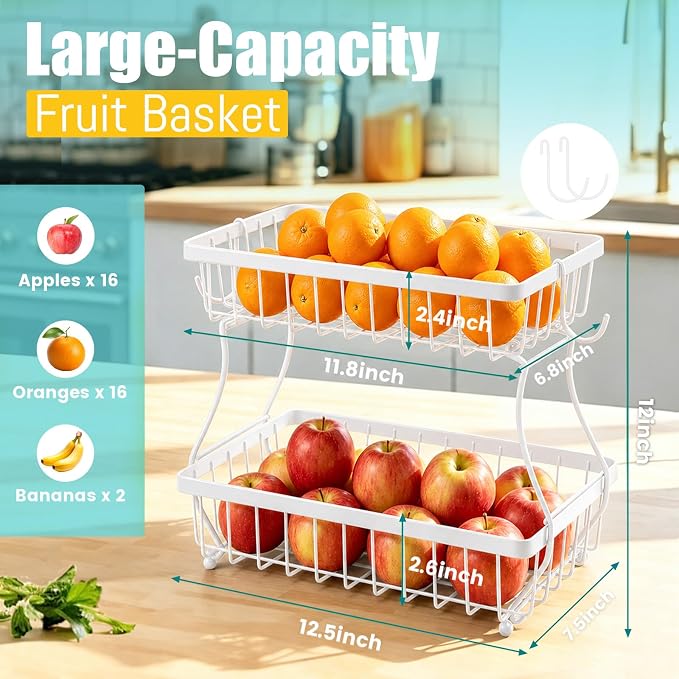 2-Tier Fruit Basket for Kitchen Counter with 2 Banana Hangers | Large Metal Fruit Bowl, Versatile Holder for Veggies, Produce Storage, 12.5"×7.5"×12"-White